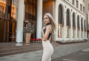 women, blonde, portrait, women outdoors, smiling, skirt, depth of field