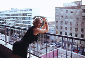 women, blonde, black dress, balcony, tattoo, black nails