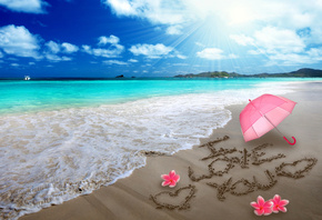 лето, море, берег, песок, зонт, цветы, надпись, плюмерия, франжипани