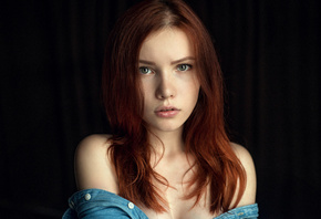 women, redhead, face, portrait, black background