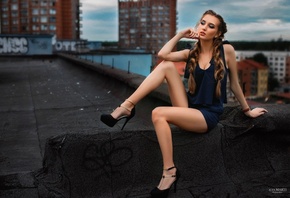 women, blonde, pigtails, women outdoors, tanned, rooftops, sitting, high heels, portrait, depth of field