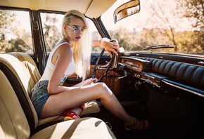 women, blonde, Paul Toma, jean shorts, women with glasses, sitting, high heels, women with cars, car