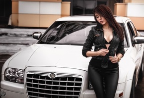 women, black clothing, black bras, leather jackets, car, portrait, women outdoors