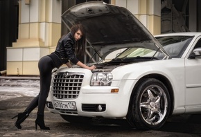 women, black clothing, car, high heels, women outdoors, leather jackets