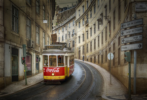 город, улица, трамвай, Португалия, Лиссабон, здания, рельсы
