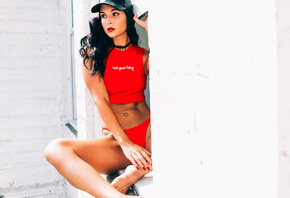 women, tanned, red panties, belly, T-shirt, baseball caps, pierced navel, red nails, choker, sitting, red lipstick