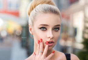 women, face, portrait, depth of field, red nails, Maksim Romanov, eyeliner