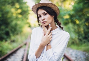 women, face, portrait, hat, railway, depth of field, shirt