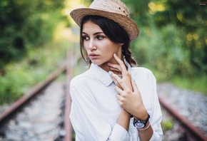 women, face, portrait, hat, railway, depth of field, shirt, looking away