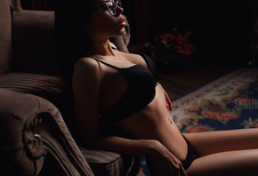 Inna Nechiporenko, women, Igor Sheller, belly, black lingerie, pierced navel, tanned, women with glasses