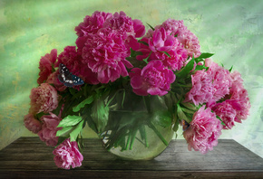 Елена Брежицкая, столик, ваза, аквариум, цветы, пионы, бабочка