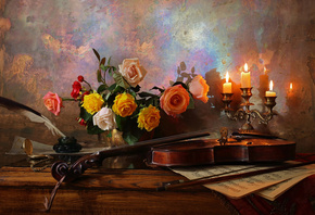 Andrey Morozov, Андрей Морозов, still life, столик, скрипка, ноты, ваза, цветы, розы, свечи, перо, чернильница