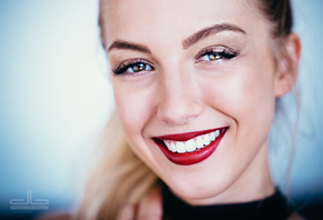 women, face, portrait, red lipstick, smiling, blonde