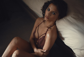 women, tanned, sitting, bed, lingerie