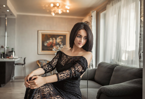 women, tanned, portrait, black dress, black nails