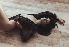 women, tanned, black lingerie, on the floor, ass, lying on back, see-throug ...