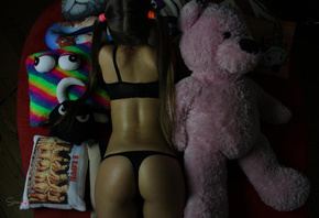 women, top view, tanned, Stasy Q, back, ass, teddy bears, lying on front, black lingerie, pigtails