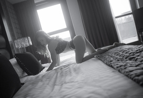 women, monochrome, black lingerie, in bed, window, ass