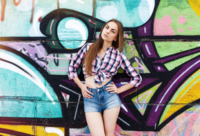 women, wall, jean shorts, shirt, portrait