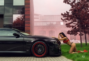 women, car, black panties, ass, Alex Bazilev, black hair, T-shirt, long hair, tattoo, trees, sneakers, belly, tanned