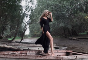 women, blonde, tanned, boat, black dress, necklace, trees, women outdoors