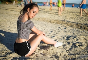 women, sitting, sneakers, sand, sea, shorts, short shorts, women outdoors,  ...