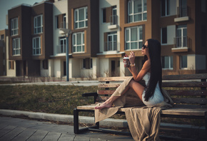 women, bench, dress, sitting, long hair, sunglasses, women outdoors