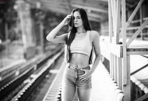 women, portrait, monochrome, jean shorts, belly, long hair, depth of field