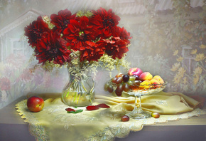 Валентина Колова, still life, натюрморт, кувшин, цветы, георгины, салфетка, ваза, фрукты, яблоки, виноград, абрикосы