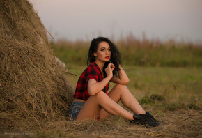 women, sitting, jean shorts, shirt, hay, looking away, depth of field, women outdoors