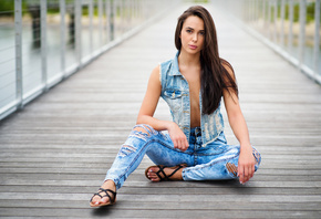 denim, sitting, pants, jeans, sandals, portrait, women