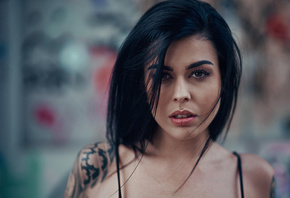 women, face, tattoo, portrait, depth of field, piercing, black hair
