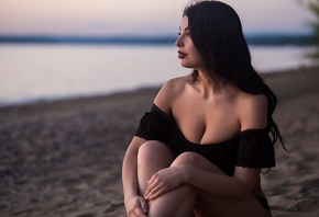 women, sitting, looking away, sand, sea, women outdoors, portrait