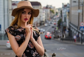 women, blonde, hat, portrait, dress, women outdoors, depth of field