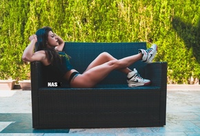 women, Nask Nach, tanned, couch, tattoo, black panties, T-shirt, sneakers