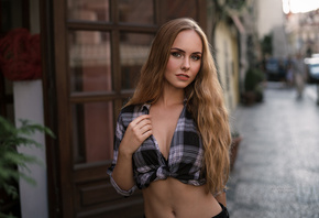 women, blonde, belly, shirt, portrait, depth of field, women outdoors