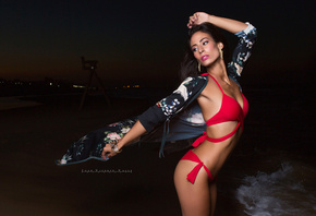 women, red bikinis, tanned, belly, sea, looking away, ass