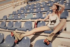 women, blonde, rollerskates, sitting, jean shorts, T-shirt, women outdoors, closed eyes, choker, necklace, stadium