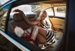 women, Paul Toma, blonde, high heels, women with cars, depth of field, dres ...
