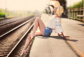 women, sitting, railway, sandals, hat, closed eyes, depth of field, women o ...