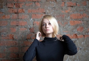 women, blonde, portrait, wall, bricks