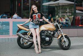 women, Anton Harisov, Fotoshi Toshi, motorcycle, skirt, T-shirt, high heels, women outdoors, brunette