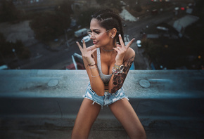 women, tanned, jean shorts, tattoo, women outdoors, portrait, women with gl ...