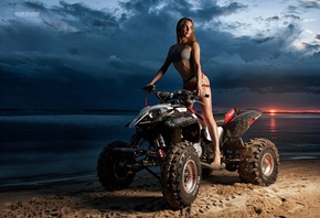 women, ATVs, tanned, sand, sea, women outdoors, short shorts, sunset