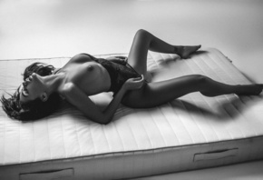 Ekaterina Zueva, monochrome, boobs, nipples, black lingerie, closed eyes, t ...