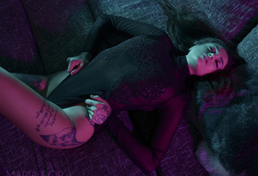 women, tattoo, black lingerie, closed eyes, top view, lying on back