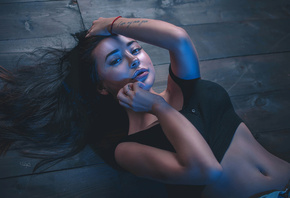women, portrait, belly, tattoo, lying on back, wooden surface, tanned