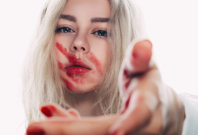 women, blonde, red lipstick, white background, portrait, face, red nails, simple background