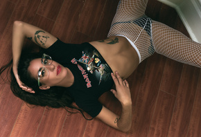 women, top view, T-shirt, tanned, on the floor, fishnet stockings, tattoo,  ...