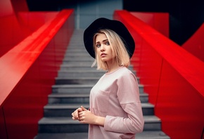 women, blonde, hat, portrait, stairs